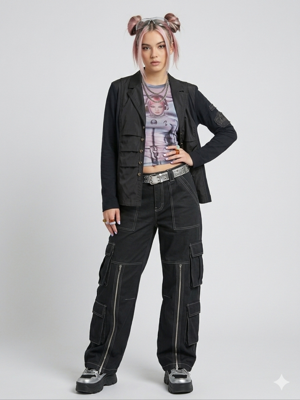 DÉESSE Black Mixed Media Crown Patch Snap Front Military Grunge Blazer Jacket Lg